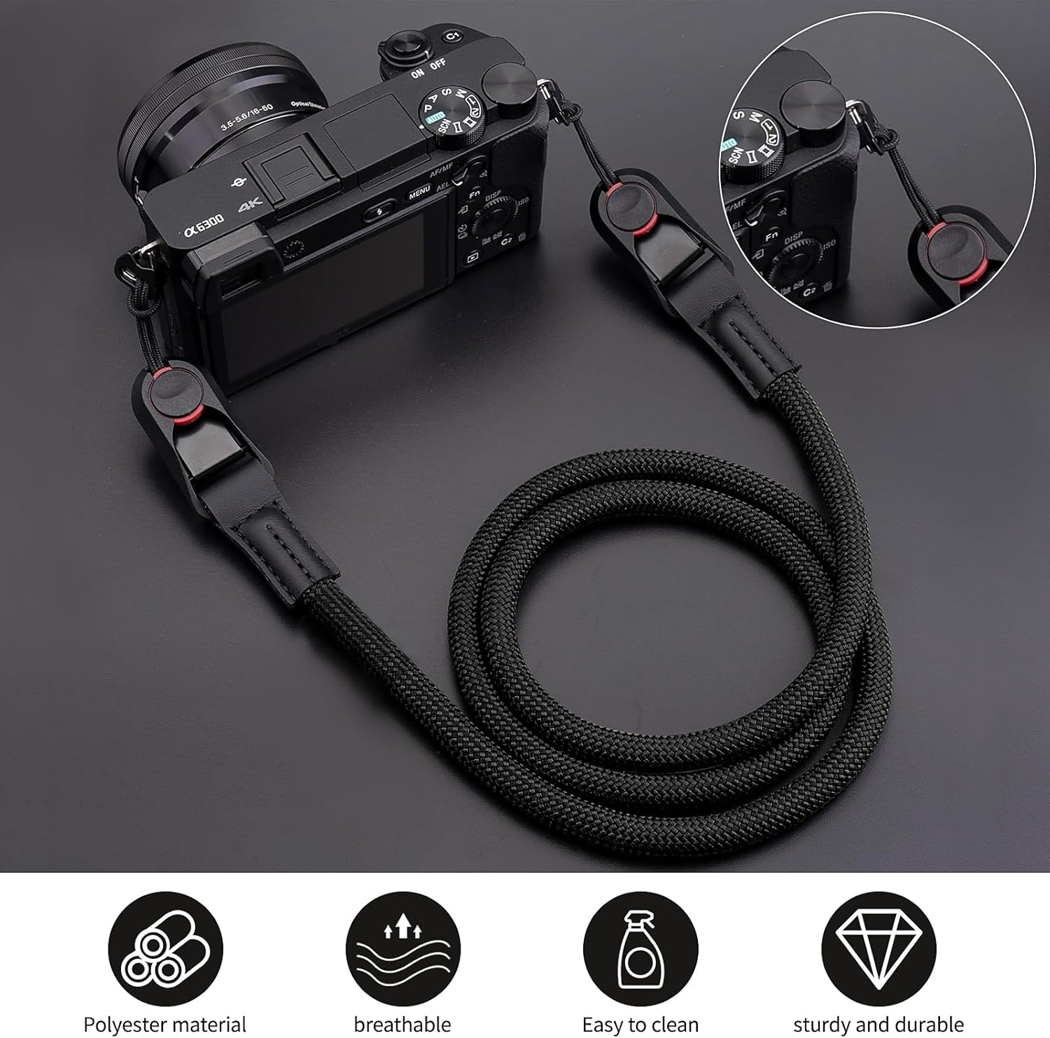 Mohito Camera Shoulder Strap, Climbing Rope, Neck Strap, Suitable for Digital and Mirrorless SLR Cameras, Polyester Material, Abrasion-Resistant and Scratch-Resistant, Washable (Black), Ferrous, One image number 3