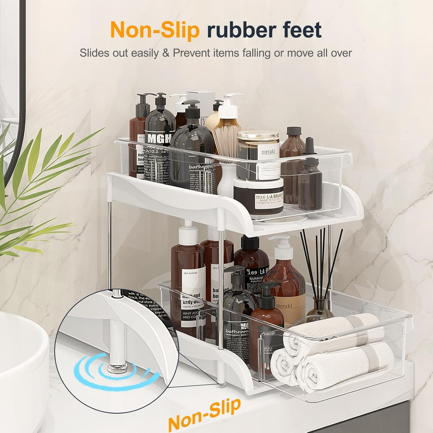 2-Tier Clear under Sink Organizers and Storage, Pull Out Cabinet Organizer for Pantry Organiser, Kitchen Pantry Organization with Movable Divider, Multi-Purpose Bathroom Cabinet Organizer(1 Pack) image number 6