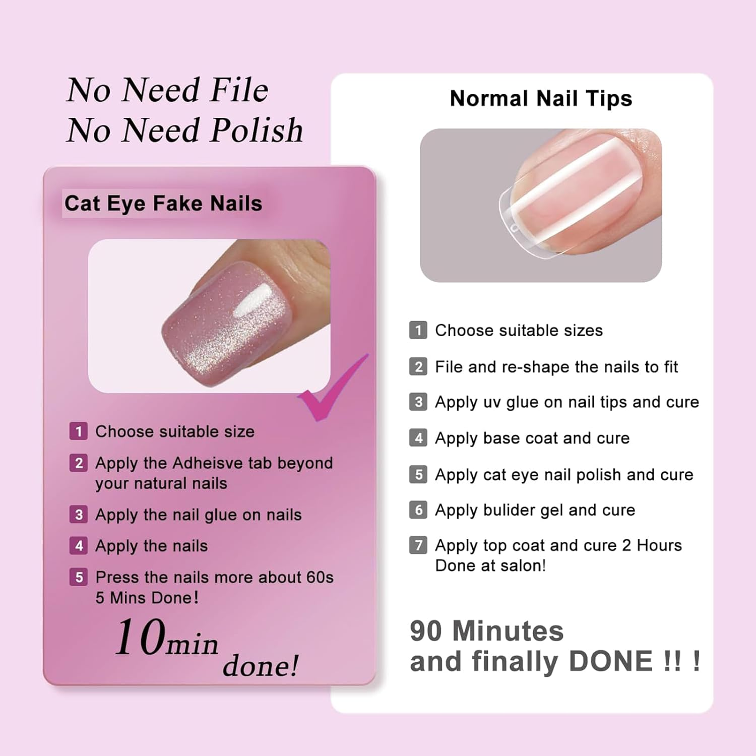 Qioon 24 Pcs Cat Eye Press on Nails, Pink Glitter French False Nails with Adhesive Tabs, Short Square Stick on Fake Fingernails for Women and Girls, Easy Nail Art Design image number 5