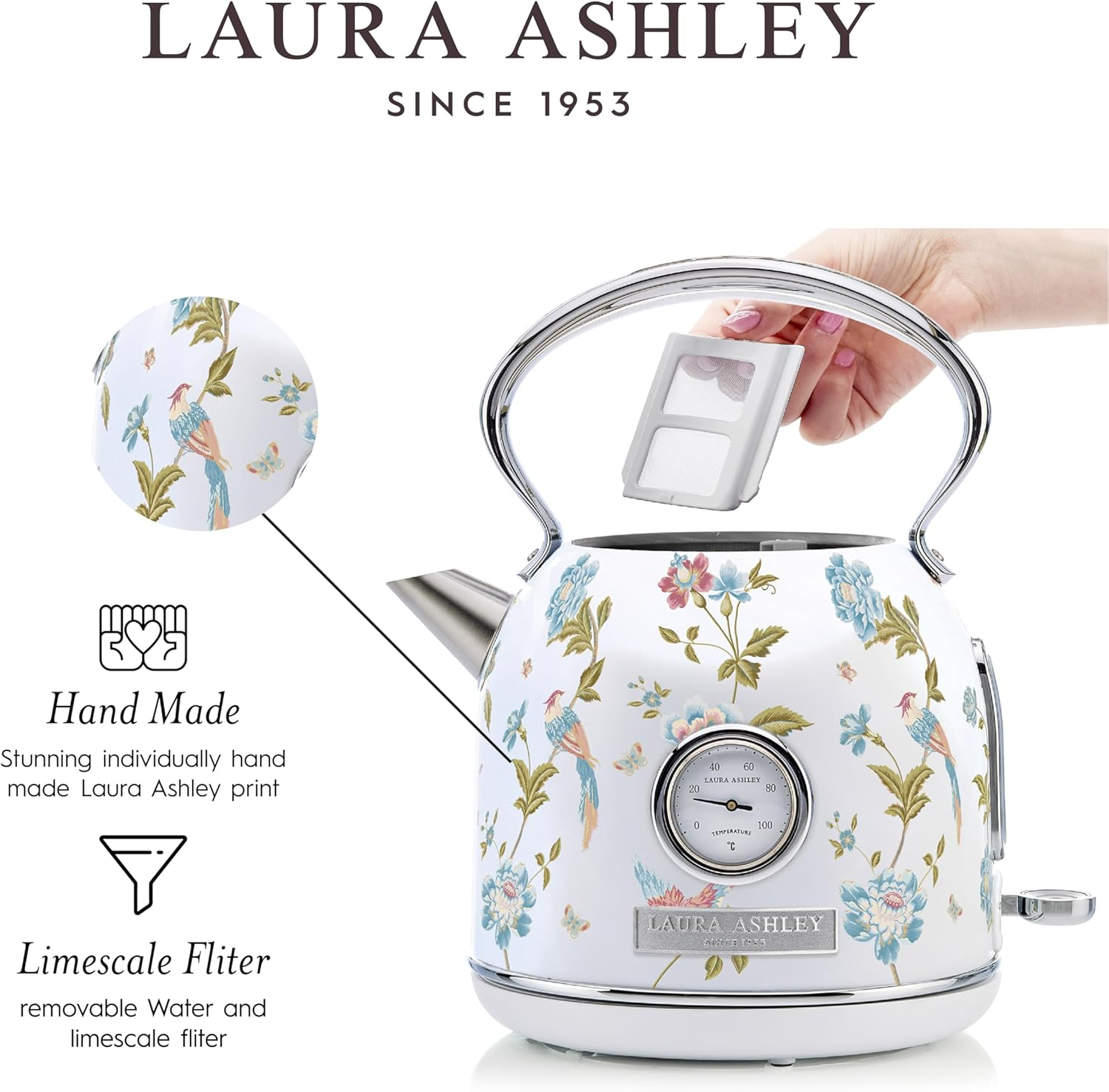 Laura Ashley Elveden White Electric Kettle 1.7L | Stainless Steel Kettle 2200W | Fast Boil Kettle Electric with Limescale Filter | Overheating & Boil Dry Protection Pyramid Retro Kettle - Laura Ashley Elveden Navy image number 5