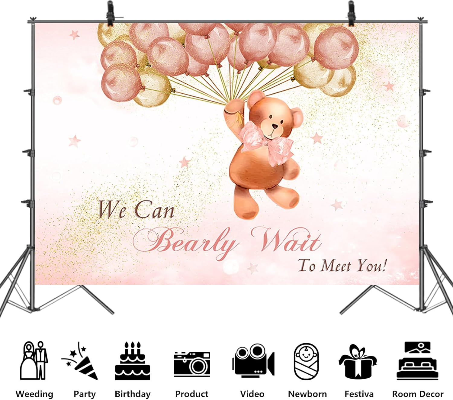APROPHIC Bear Boy Baby Bathing Background We Can Look Forward to Meeting You Pink Balloon Gold Glitter Photo Background Party Banner Cake Table Decoration Photo Stand Accessories 210 X 150 Cm image number 6