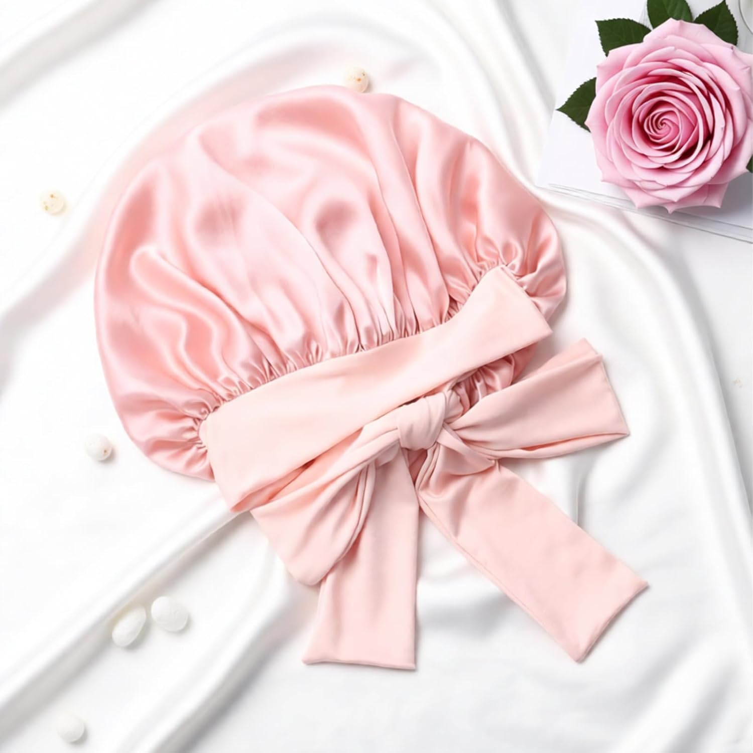 Areaphmet Silk Bonnet for Sleeping Women Adjustable Single Layer 100% Silk Hair Bonnet Reduce Friction Prevent Frizz for Natural Curly Hair-Pink image number 5