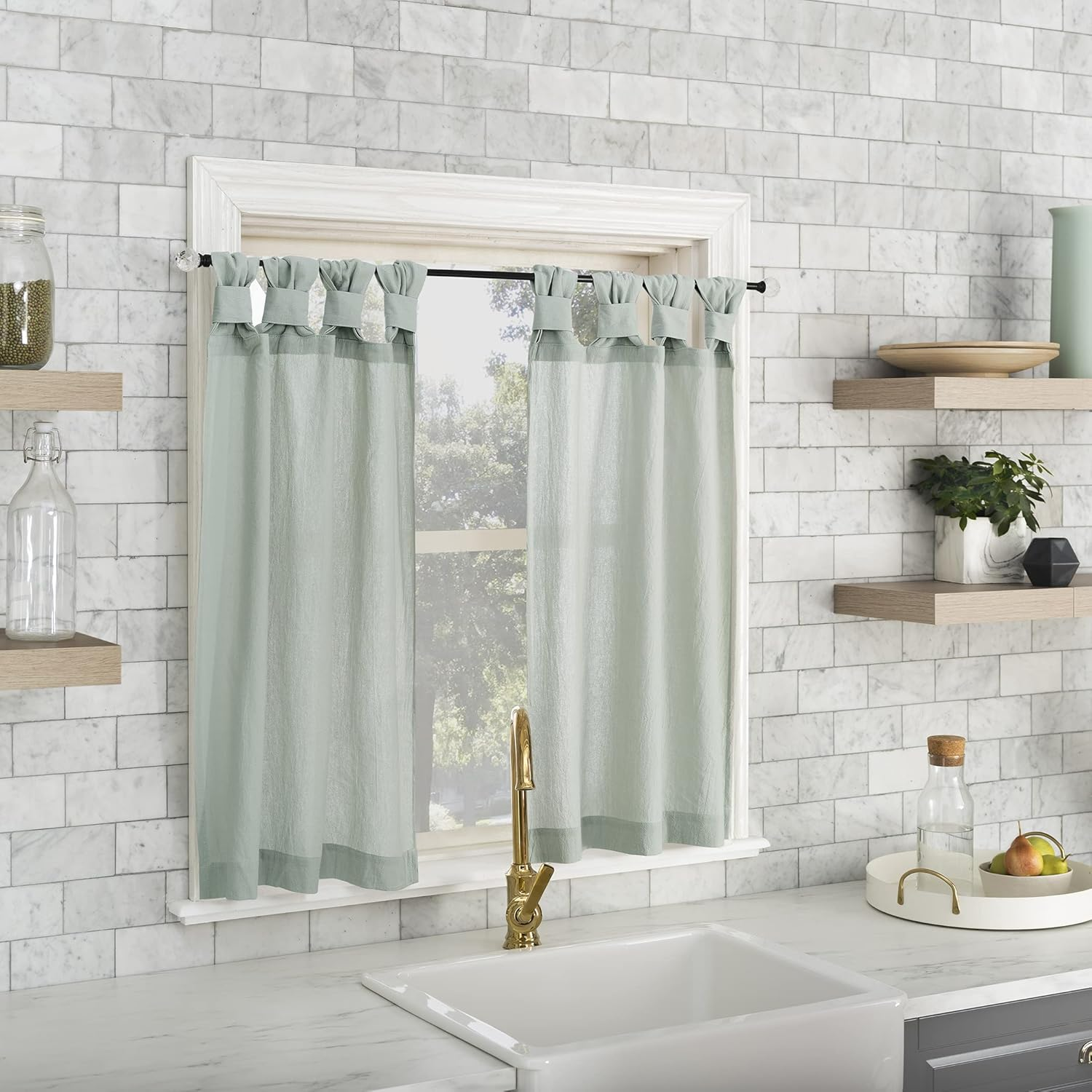 Archaeo Washed Cotton Small Window Twist Tab Cafe Curtains, 52" X 45", Seafoam Green image number 4