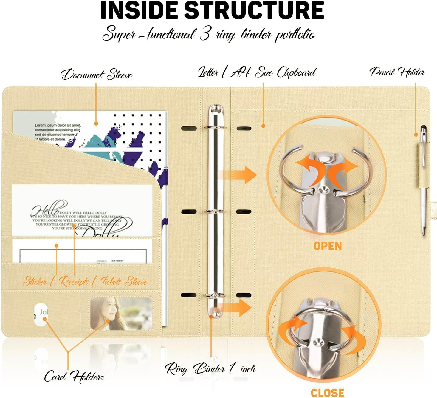 Toplive Padfolio 3 Ring Binder (1'' round Ring) Business Portfolio Folder for Interview, Conference and Presentation, Gold image number 3