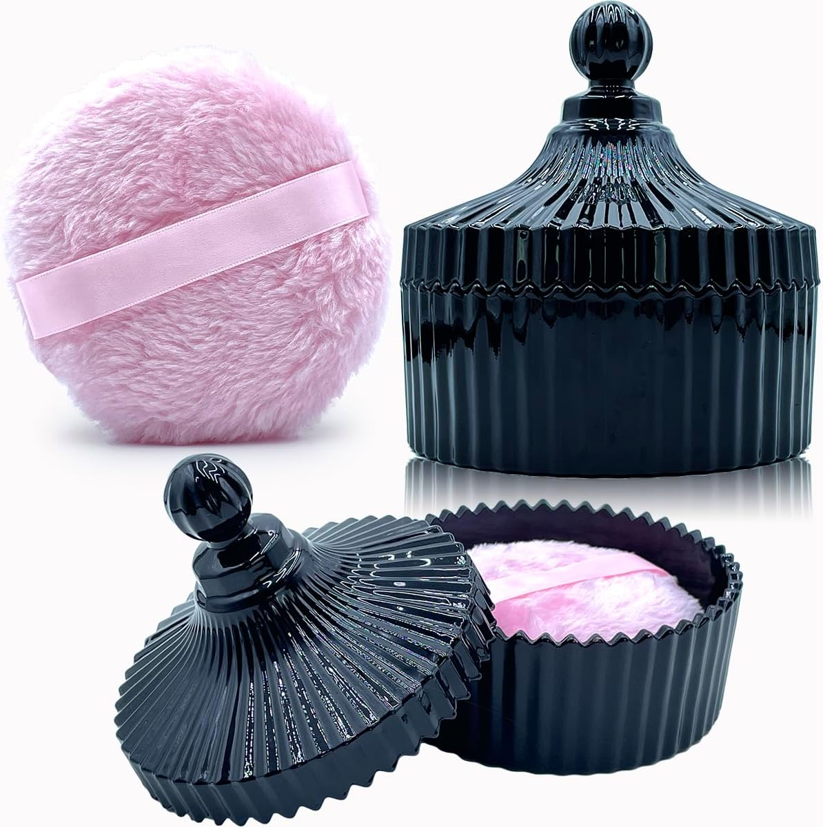 4.3 Inch Fluffy Body Powder Puff & 5.3 Inch Glass Jar Set,Large Dusting Powder Container with Puff,Multi-Purpose Storage Holder Dish,Gothic Decor for Bedroom,Bathroom,Home(Black) image number 2