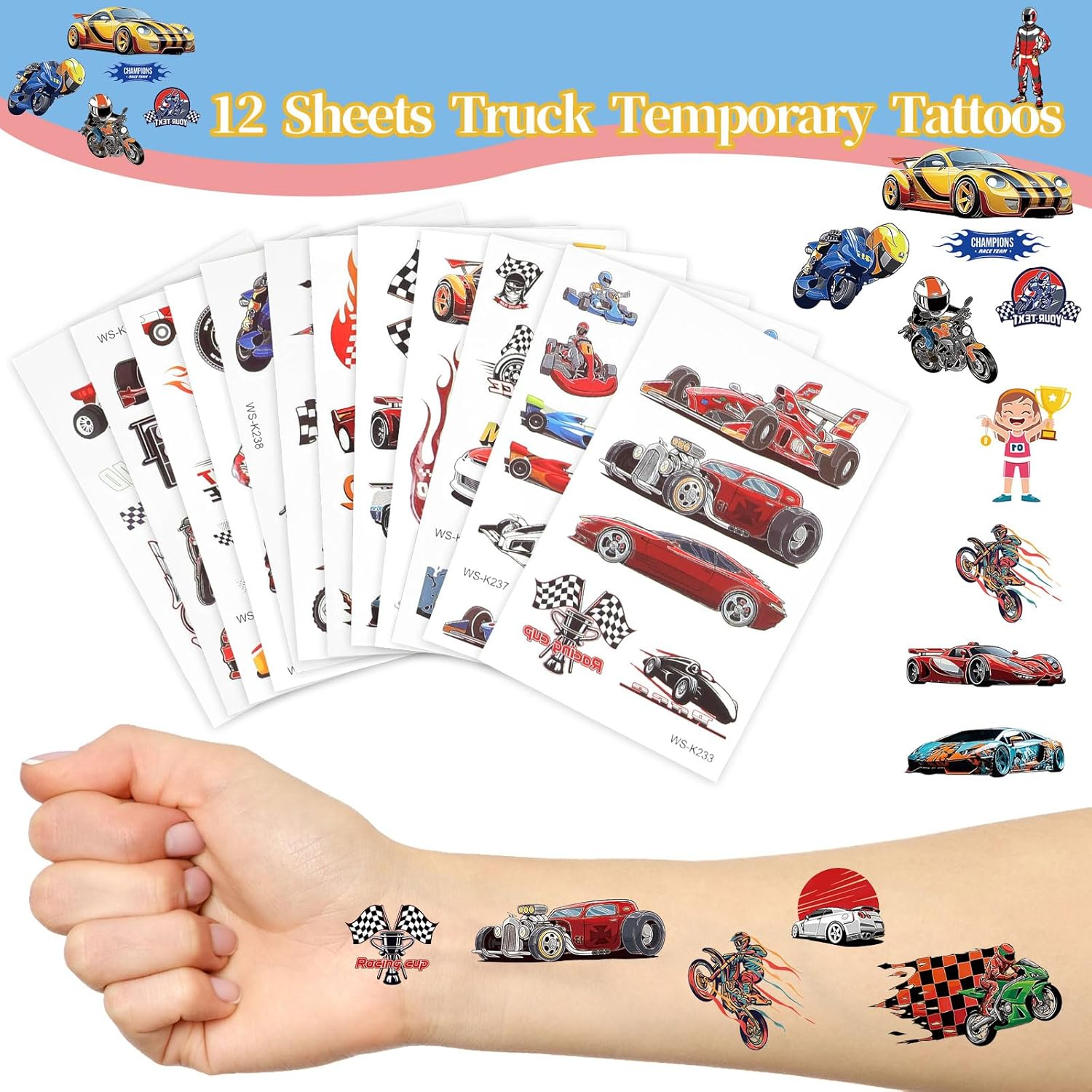CCINEE 12 Sheets Monster Truck Temporary Tattoos for Kids,93 Pcs Luminous Groovy Racing Car Trophy Wheel Checkered Flag Tattoo Stickers for Birthday Party Supplies Classroom Rewards image number 5