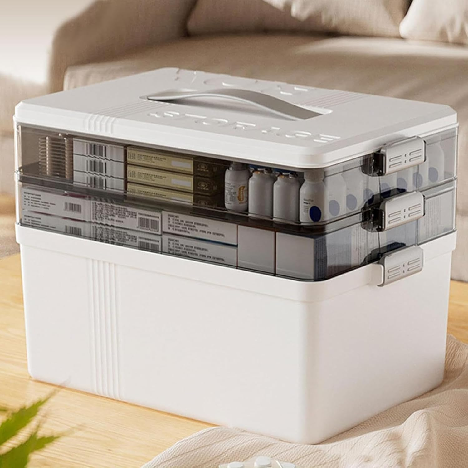 3-Layer Medicine Storage Box, Large Capacity First Aid Organizer with Handle, Moisture-Proof & Dustproof, Multi-Purpose Plastic Storage Container for Medicine, Cosmetics,Household Essentials image number 3