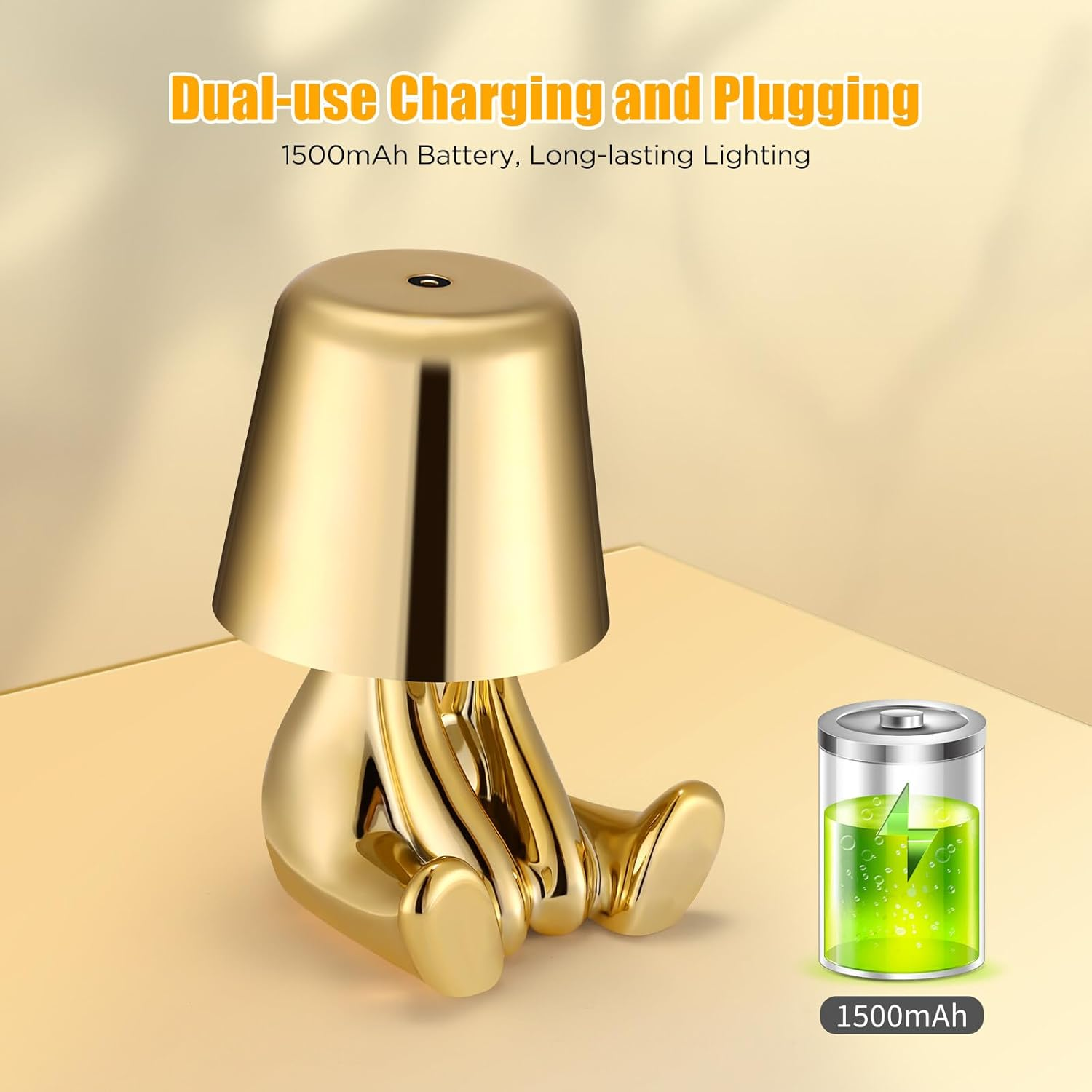 Blingbin Bedside Touch Control Table Lamp, Creative Golden Man Decorative Thinker Statue LED Desk Lamp, USB Charging 3 Level Brightness Dimmable Night Light for Bedroom Office Living Room Decor Gift - F image number 5