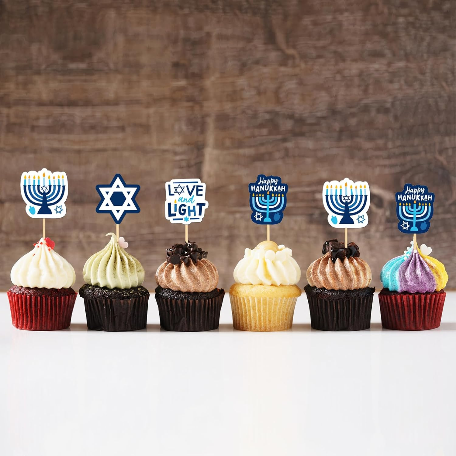 24Pcs Hanukkah Cupcake Toppers for Hanukkah Party Decorations Candlestick Hexagram Cake Decor for Chanukkah Theme Party Supplies image number 2