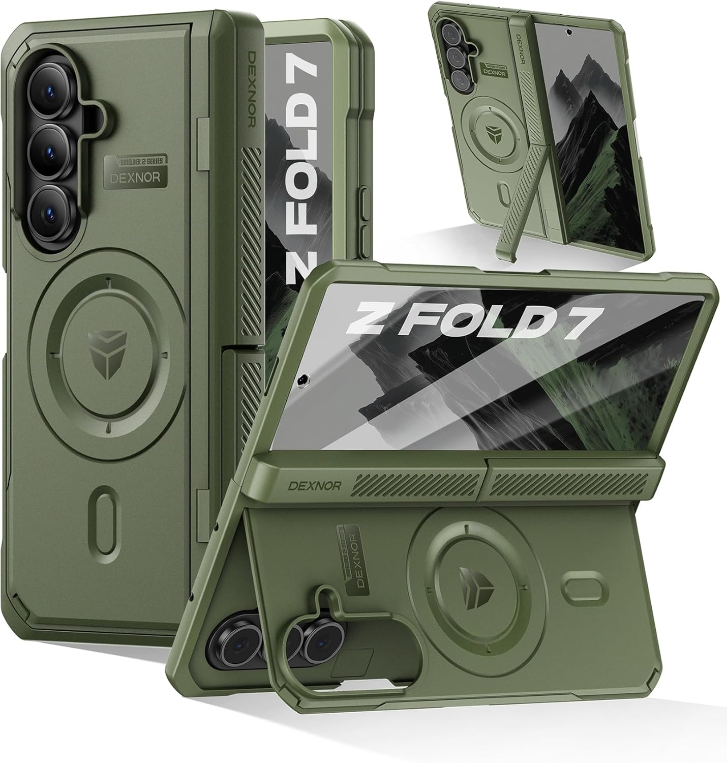 DEXNOR Magnetic for Samsung Galaxy Z Fold 7 Case with & Dual Kickstands & Front Screen Protector & Hinge Protection, Compatible with Magsafe, Full-Body Rugged Bumper Cases - Black