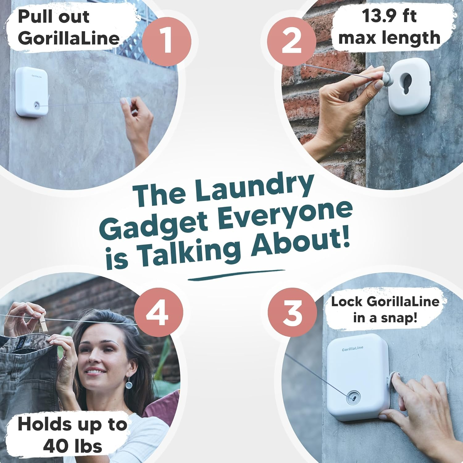 Gorillaline - Retractable Clothesline Indoor Outdoor Clothes Line | Heavy Duty Clothes Drying Laundry Line | Wall Mounted Drying Rack Clothing Line | Retracting Hanging | Lock to Prevent Sagging image number 2