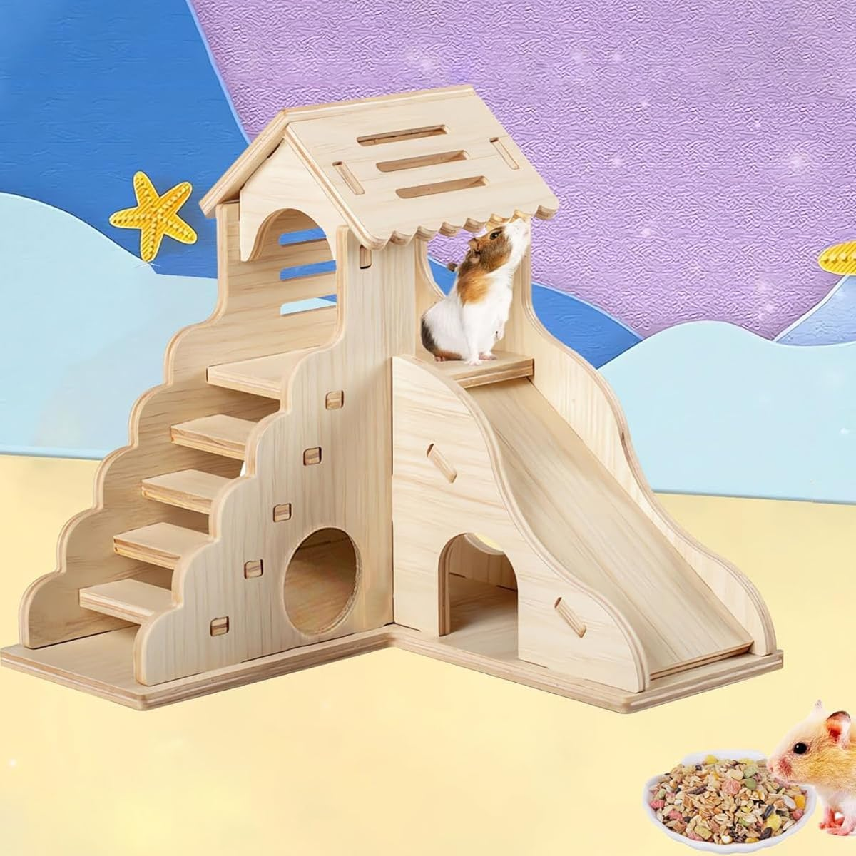 AIMALL Hamster Wooden Hideout House 17X17X16.6Cm Small Animal Villa Nest with Tenon Structure for Golden Bear Hedgehog Rutin Chicken Pet Toy Escape Shelter Habitat Decor image number 2