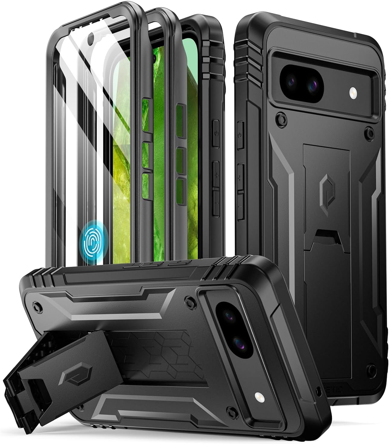 Poetic Revolution Case for Google Pixel 8A 5G, [20FT Mil-Grade Drop Tested],Full Body Rugged Shockproof Protective Cover Case with Kickstand, Built-In Screen Protector Work with Fingerprint ID, Black