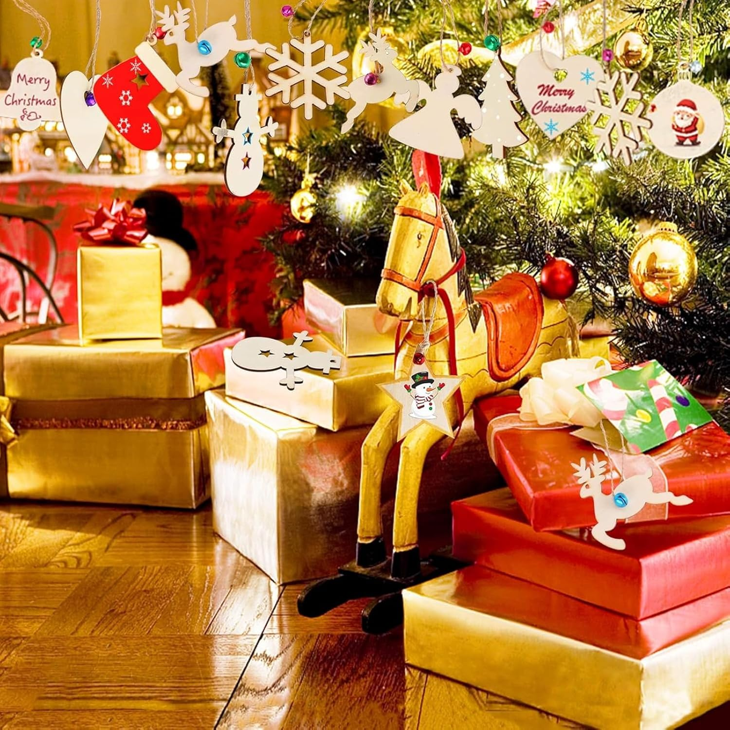 50PCS DIY Wooden Christmas Tree Ornaments Decorations, Christmas Unfinished Wooden Ornaments with Ropes for DIY Craft Making, Christmas Tree Decorations, Holiday Decoration (10 Styles) image number 4