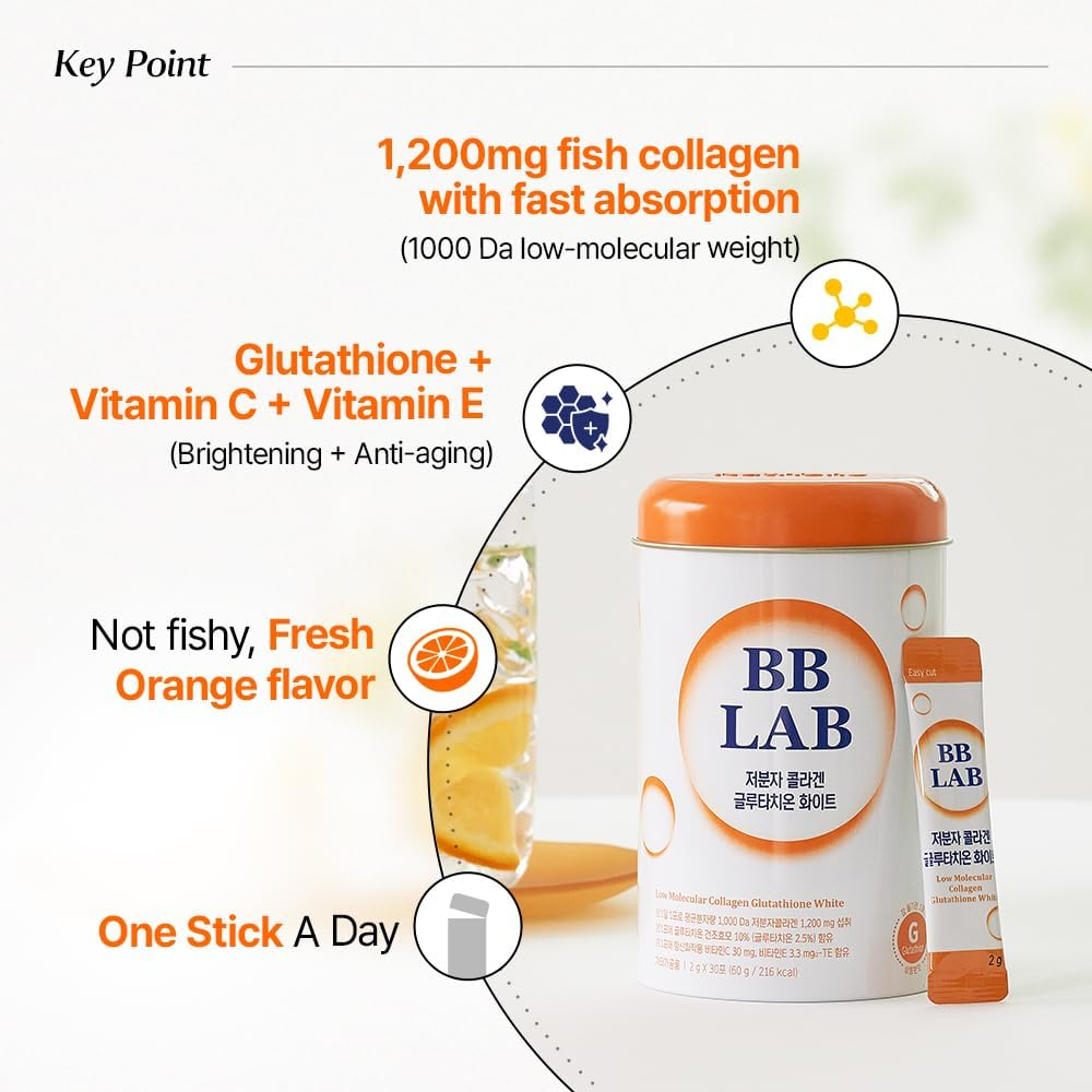 BB LAB Collagen Glutathione White, Low Molecular Collagen & Glutathione Stick Supplement, Fast Abosorption, Fish Collagen, Vitamin C, Vitamin E, Glutathione, Orange Flavor - 30 Ct image number 6