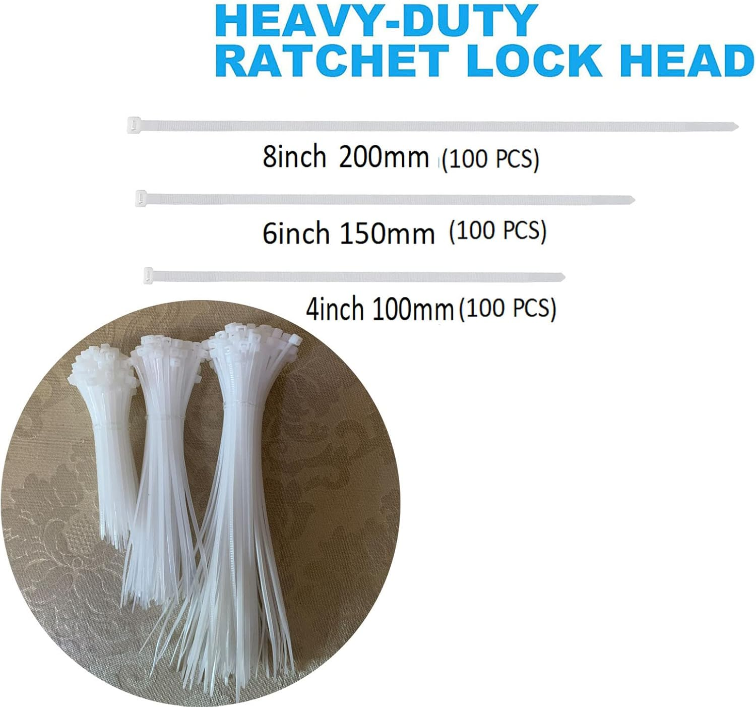 300Pcs Heavy Duty Zip Ties, White Nylon Self-Locking Cable Ties, High-Strength Assorted Sizes for Outdoor & Indoor Use (4"+6"+8") image number 1