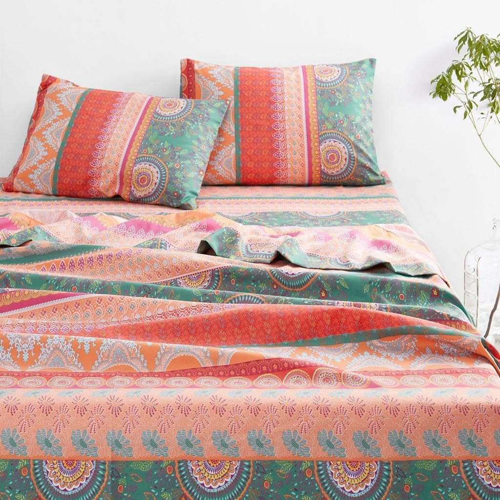 Wake in Cloud - Boho Bed Sheets Set, Soft Microfiber Bohemian Mandala Pattern Printed Bedding, Extra Deep Fitted Sheet & Flat Sheet & 2 Pillowcases, 4 Pieces, Orange Coral, Queen Size image number 5