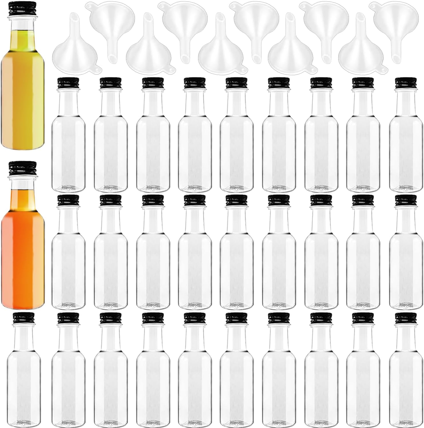 Mini Plastic Spirit Bottles, 30 Pack Airtight with Black Cap, 1.7Oz Empty with 10 Funnels, Perfect for Weddings & Parties image number 4