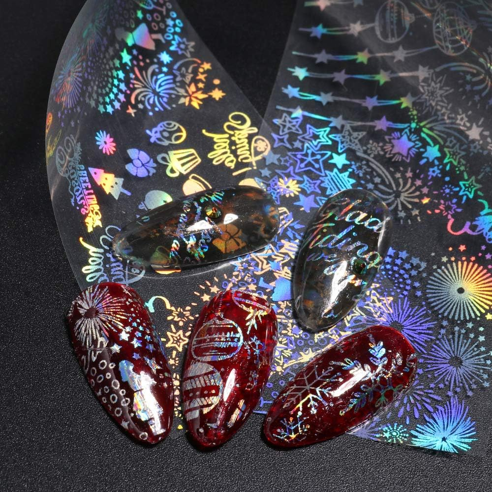 10 Sheets Snowflake Nail Foil Transfer Sticker - 3D Holographic Laser Winter Nail Art Stickers Decals Snowflake Flower Xmas Elk Christmas Foils Transfer DIY Manicure Nail Decorations for Women Girls