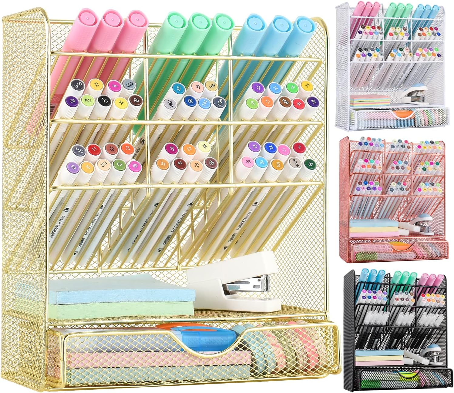 Spacrea Mesh Pen Organizer - Pencil Holder for Desk, Desk Organizer with Drawer for School, Home, Art Supplies (Gold)