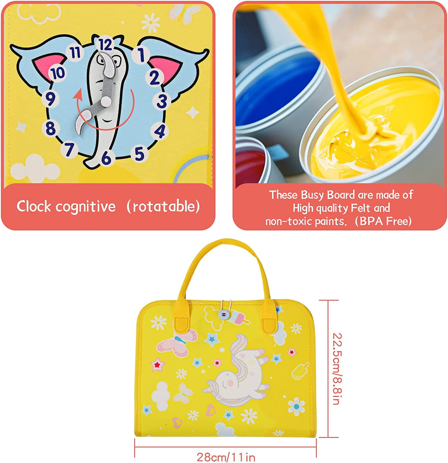 Coxedafi Busy Board for 1-5 Year Old Boys Girls, 5 Page Toddler Montessori Sensory Toys, Fine Motor Skills Learning Educational Preschool Travel Busy Book (Yellow) image number 1