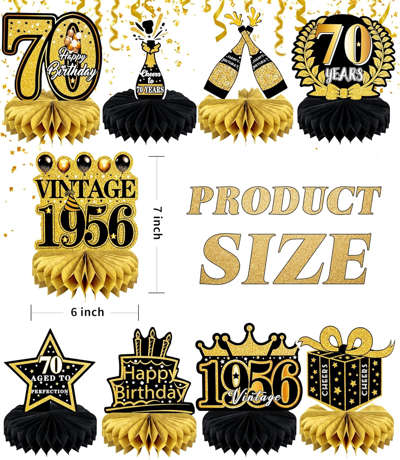 9 Pcs 70Th Birthday Decoration for Men Women - Honeycomb Centerpieces & Table Decorations - Black & Gold - Cheers to 70 Years - 1955 Birthday Party Favors - 80Th-Black And Gold image number 5