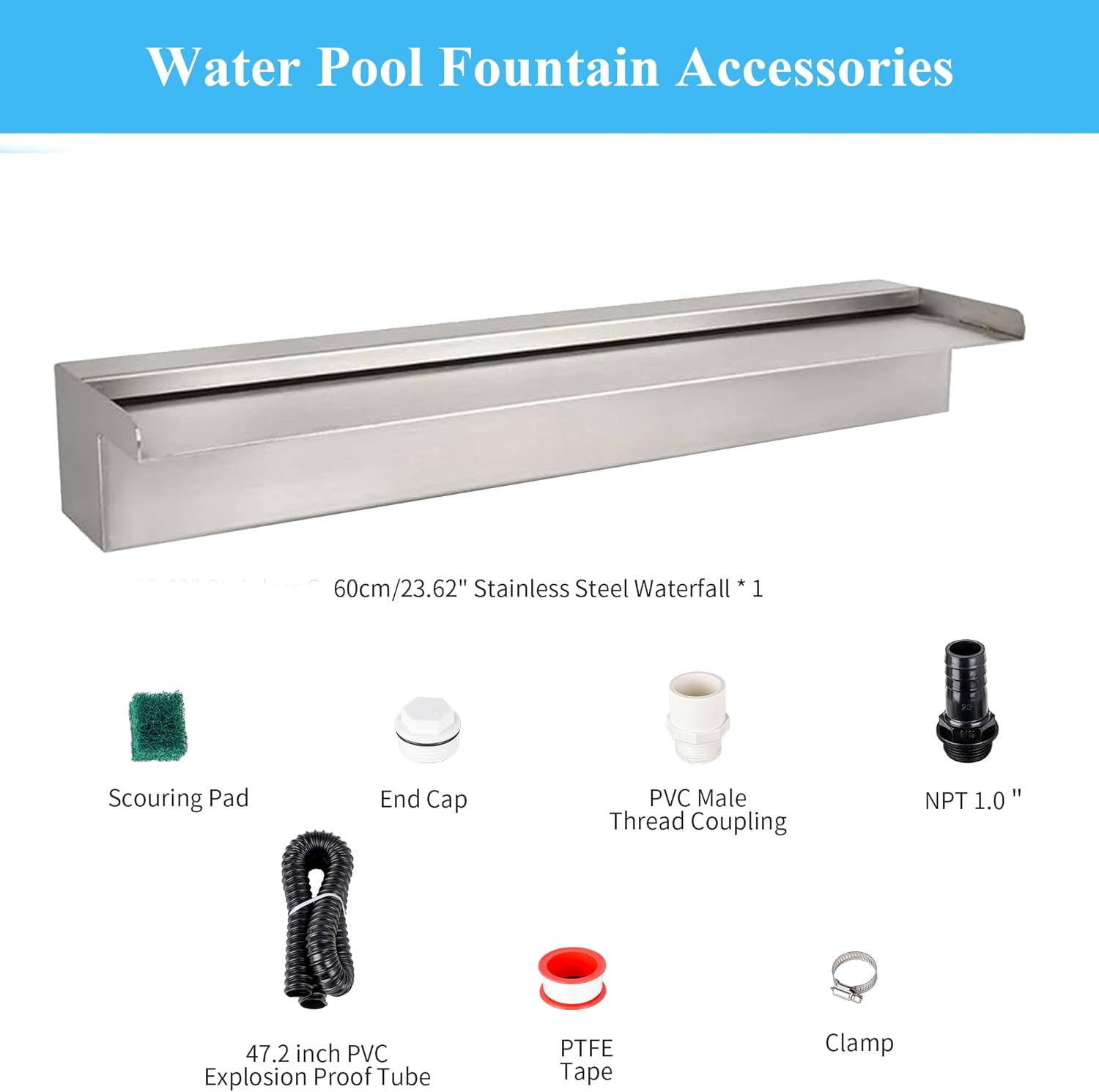 24 Inch Pool Fountain 304 Stainless Steel Waterfall Spillway with Pipe Connector Kits, Wider Water Flow Sheer Descent Platform Water Feature Fountain for Swimming Pool, Outdoor Garden Decor image number 6