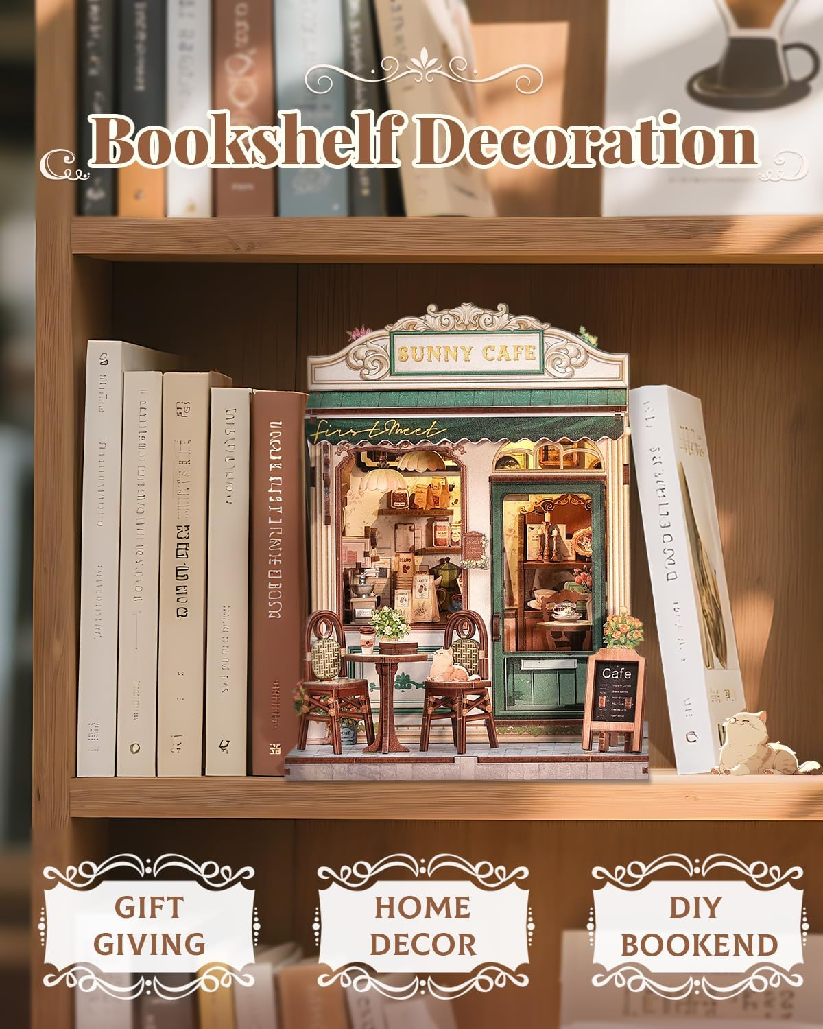 CUTEBEE Book Nook Kit - DIY Miniature House Dollhouse Kit for Adults and Teens, Booknook Tiny House Bookshelf Decor 3D Wooden Puzzle for Family, Friends (Sunny Cafe) image number 3