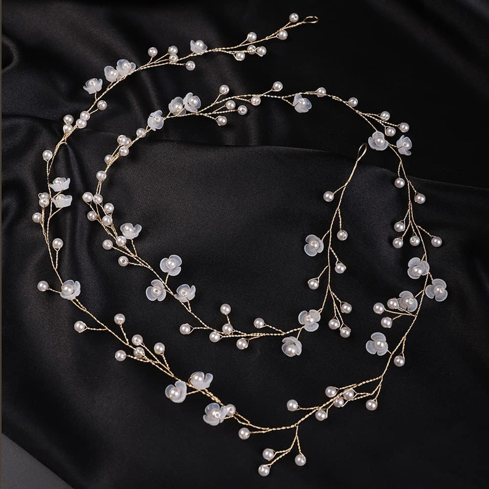 Teyglen Wedding Hair Vine Bridal Long Headband Flower Pearl Beads Long Hair Vine Gold Silver Hair Pieces Hair Jewelry Hair Accessories for Women Girl (Gold) image number 5