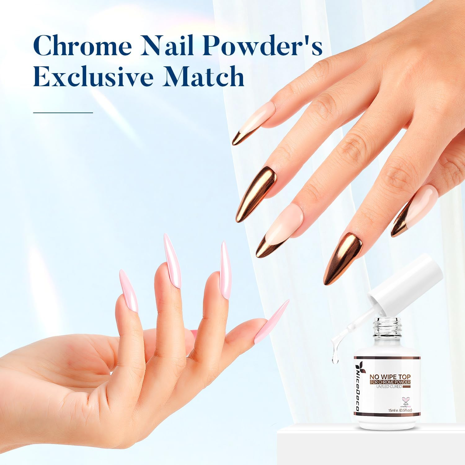 Nicedeco Gel Top Coat for Chrome Nail Powder, Hema Free, Cruelty Free, Vegan, Mirror Shiny Clear No Wipe Long Lasting Nail Polish image number 3