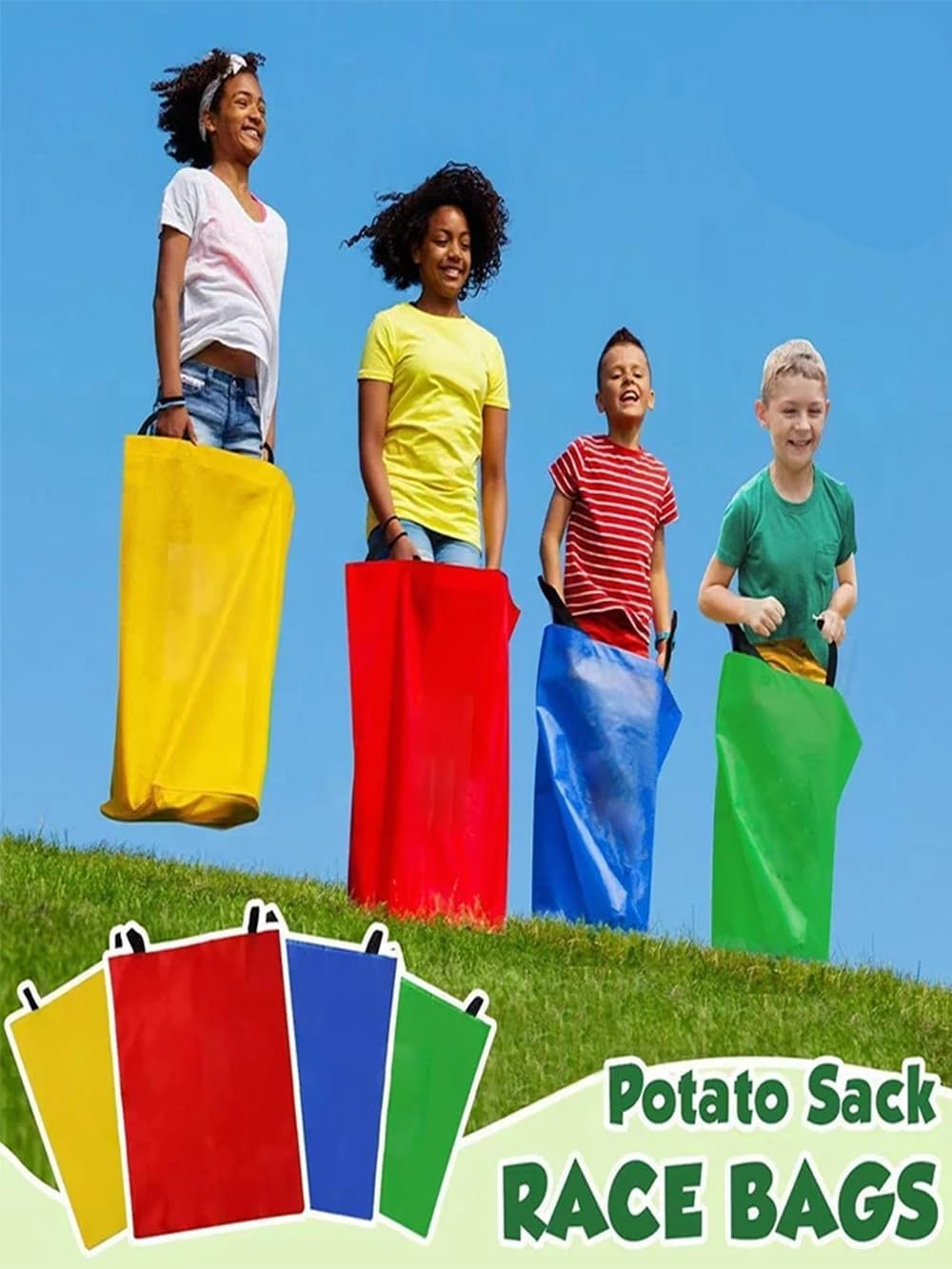 4Pack Potato Sack Race Bags, Colorful Durable Sack Race Bags Outdoor Lawn Games for Kids 3-7, No Odors or Messy Fibers, Birthday Party and Outdoor Family Games Set image number 2
