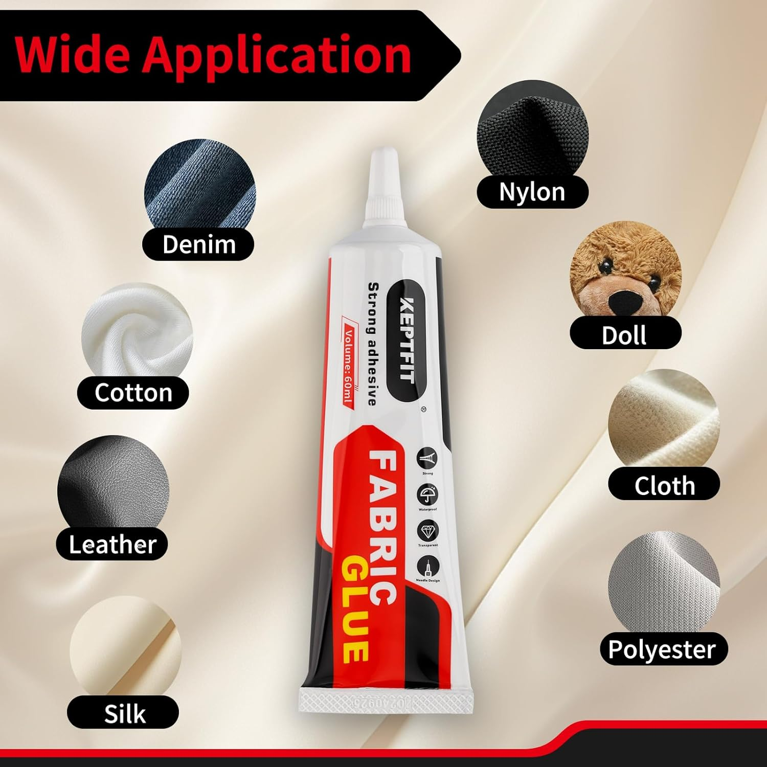 Fabric Glue Permanent, 60 ML Washable Clear Clothing Glue, Super Fabric Glue for Rhinestones, Patches, Clothes, Denim, Leather, Polyester, Fabrics, Doll Repair,No Sew Solution, Permanent Bond image number 3