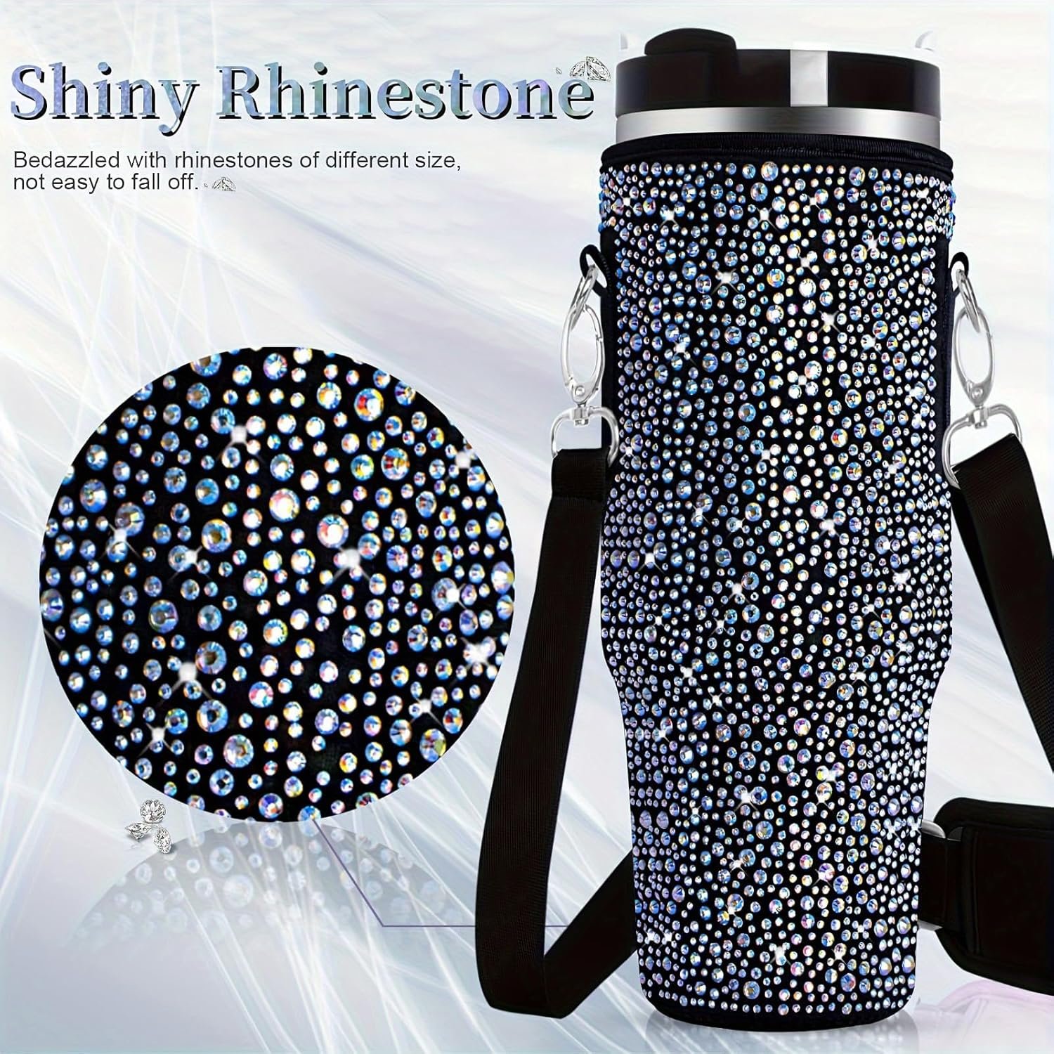 Bling Water Bottle Carrier Bag for Stanley Quencher H2.0 & Adventure 40 Oz Tumbler with Handle, Neoprene Water Bottle Holder with Adjustable Strap for Stanley Cup Accessories (Black) - Black image number 3