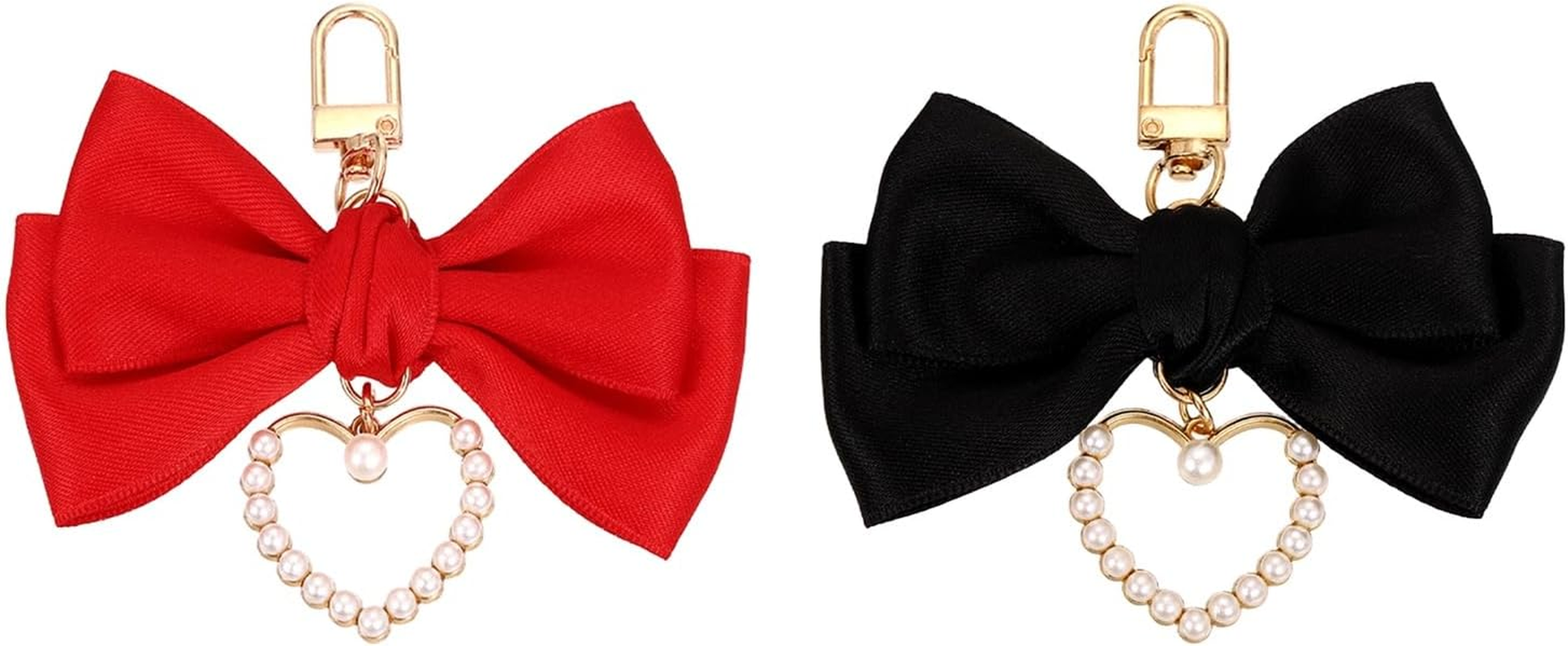 Uxcell 2Pcs Bow Knot Keychain, Cute Bag Charm Keyring, Bow Accessories for Women Purse, Backpack, Car Key, Phone Decoration (Black and Red with Pearl Heart) image number 3