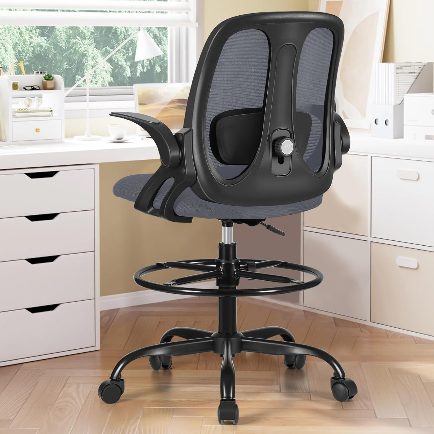 Razzor Drafting Chair Tall Ergonomic Office Chair Standing Desk Stool Chair with Adjustable Lumbar Support and Footrest Ring Executive Computer Chair, Rz2203-Z-Dark Gray