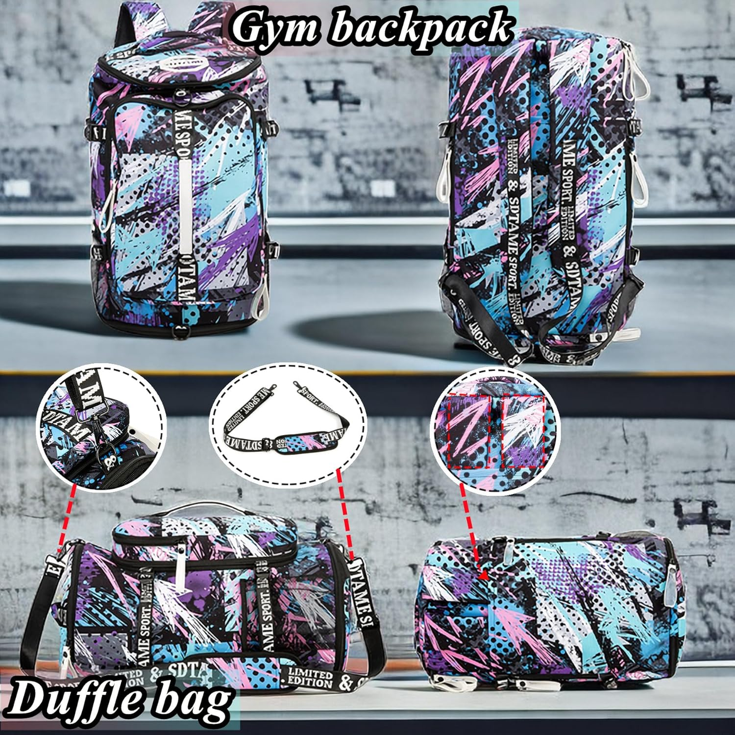 Duffle Bag Backpack with Shoes Compartment for 4-Way Waterproof Travel Sport Hiking Laptop - Metallic image number 2