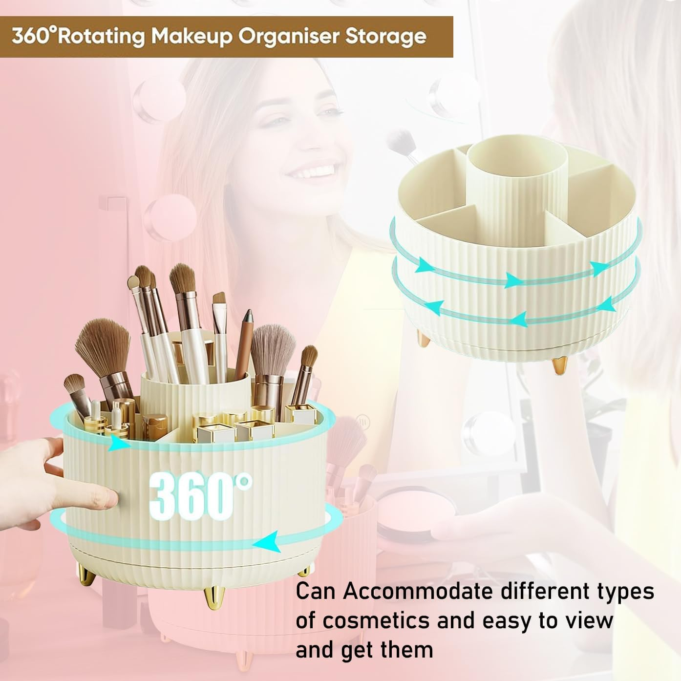 360&deg; Rotating Makeup Brush Holder Organizer - White Cosmetic Storage for Brushes, Nail Polish, Art Supplies - Countertop & Vanity Desktop Organizer image number 2