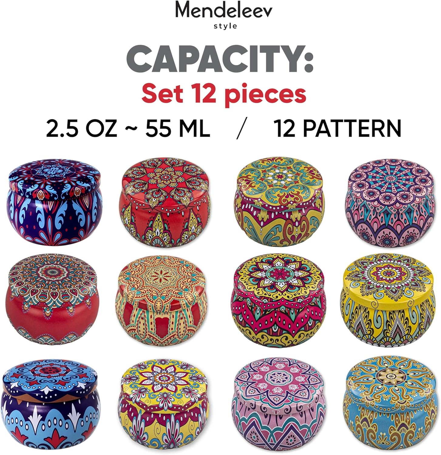 Candle Tin Patterns Empty Candle Tins Jars for Making with Wicks, Wick Holders& Stickers + Beautiful Gift Wrap Box (2.5 Oz 12 Multicolor) - 2.5 Oz 12 Multicolor image number 2