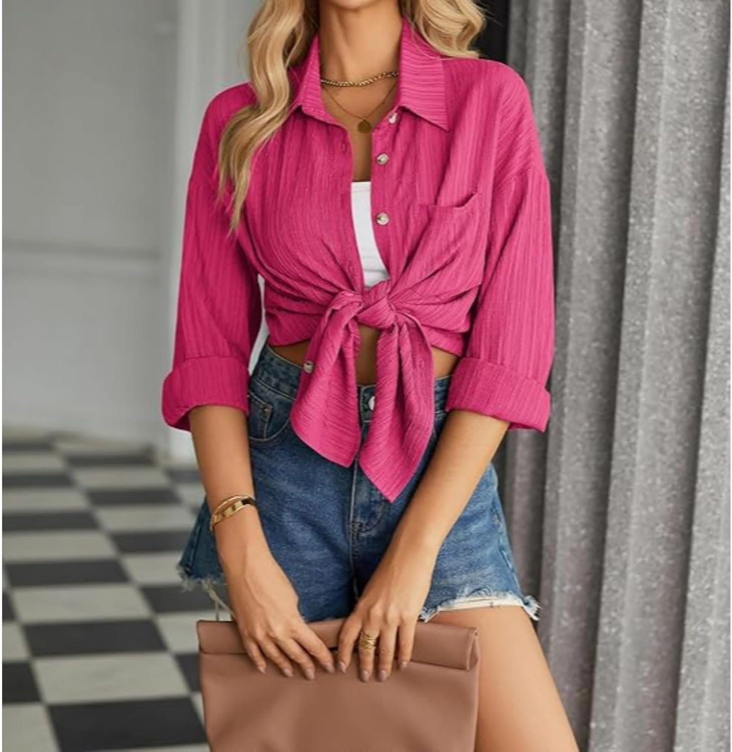 Womens'S Long Sleeve Work Blouses Tops with Pocket Button down Shirts Dress V Neck Casual Solid Long Sleeve image number 4