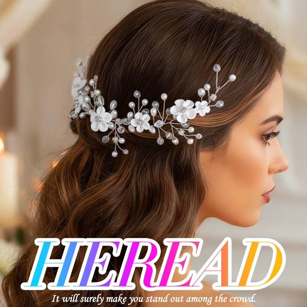 Heread Flower Bride Wedding Hair Vine Pearl Bridal Headband Rhinestones Hair Breath Accessories for Women and Girls (A Silver)