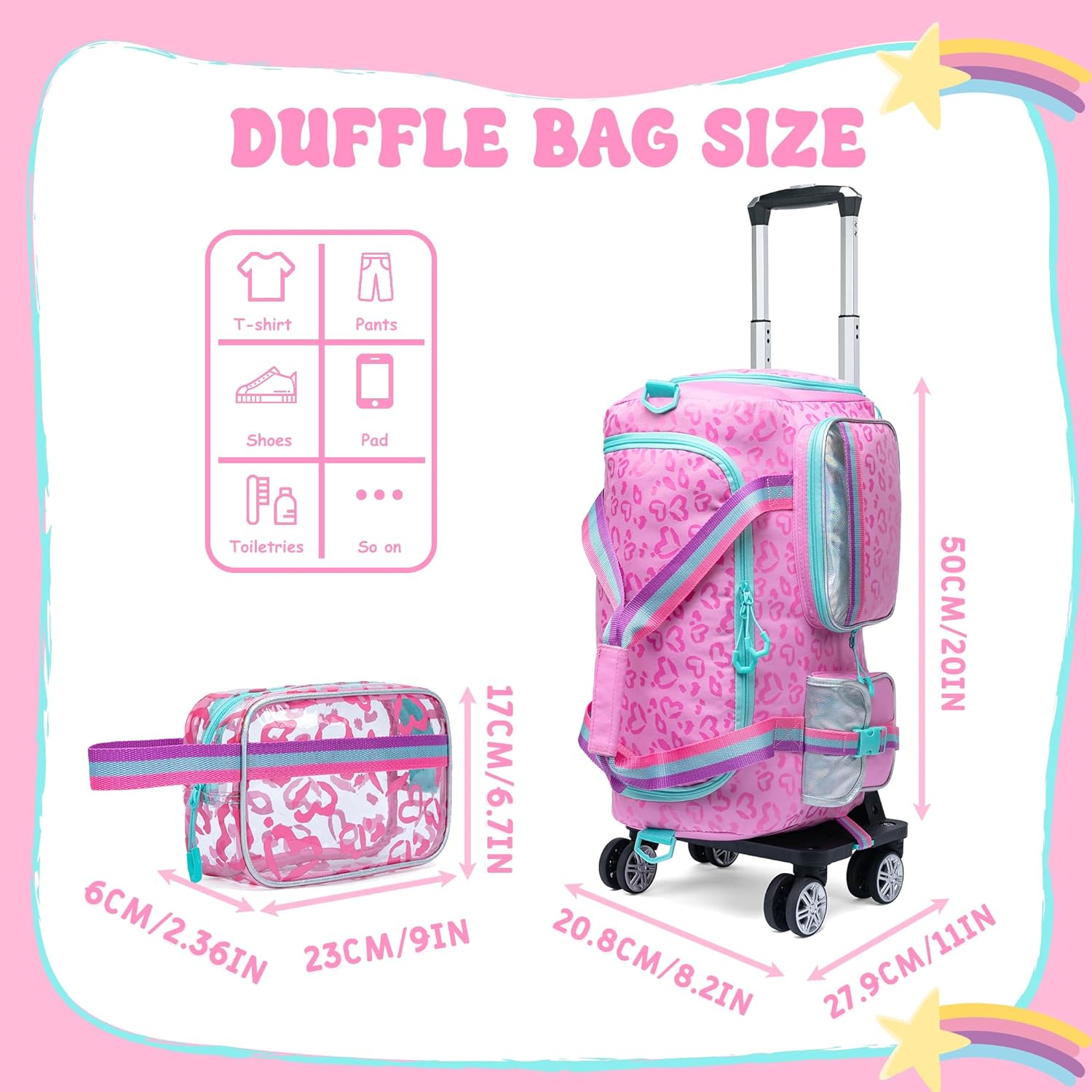 Kids Rolling Duffle Bag with Wheels Women Girls Duffle Bag with Wheels and Handle with Makeup Bag Travel Toiletry Bag, Pink Love