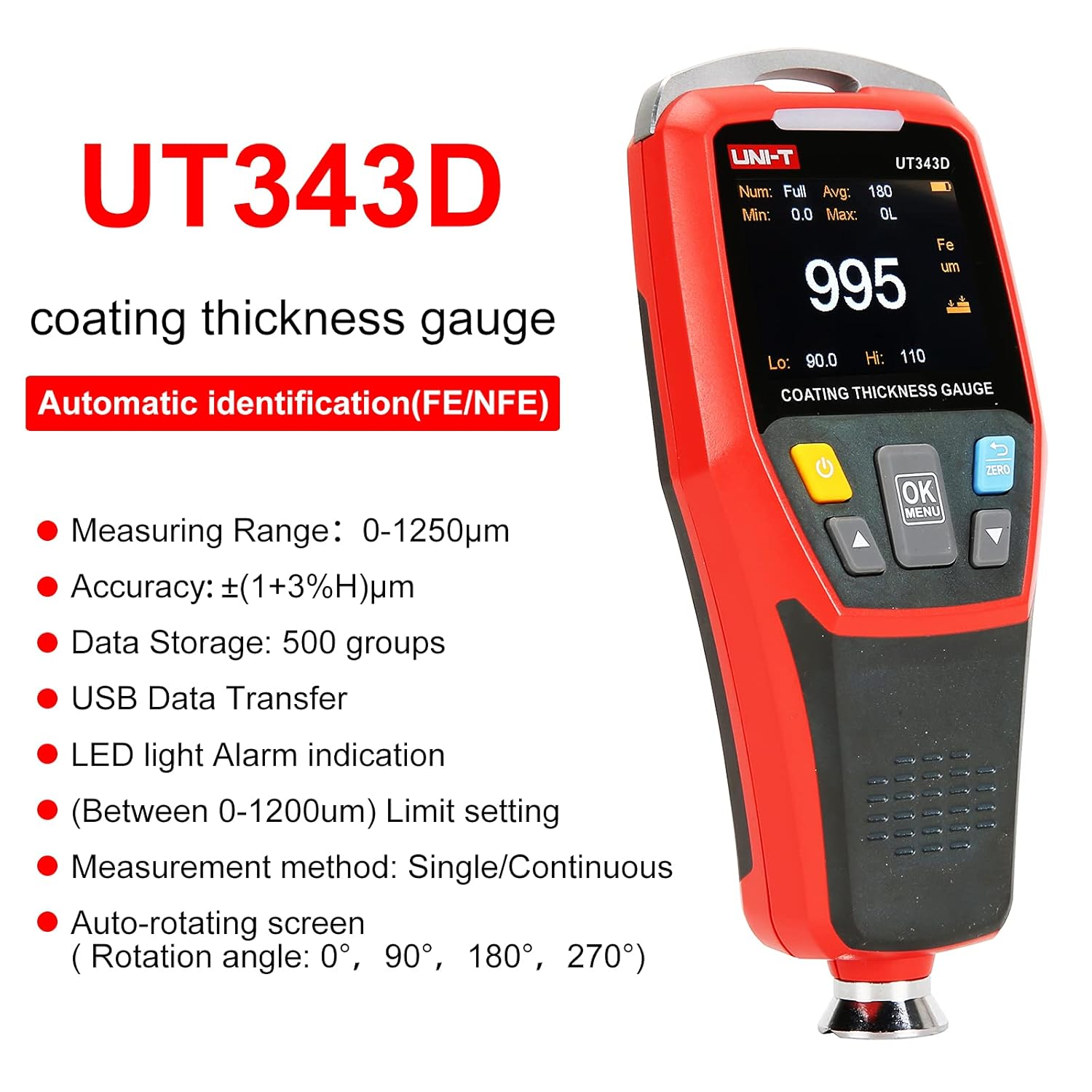 UNI-T UT343D Digital Coating Thickness Gauge Meter Tester Range 0 to 1250Um with USB Data Function image number 4