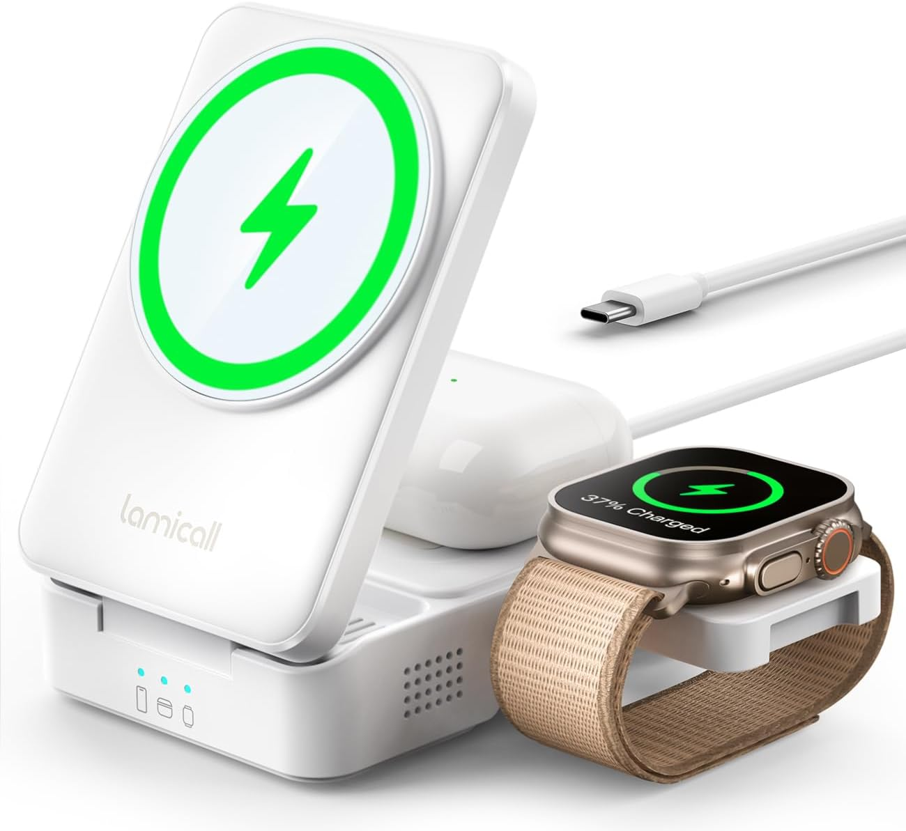 Lamicall 3 in 1 Charging Station for Apple - Foldable Wireless Charger Stand for Mag Safe Portable, Ravel Station for Multiple Devices for Iphone 17 Pro Max Air, 16, 15, 14, 13, Apple Watch, Airpods
