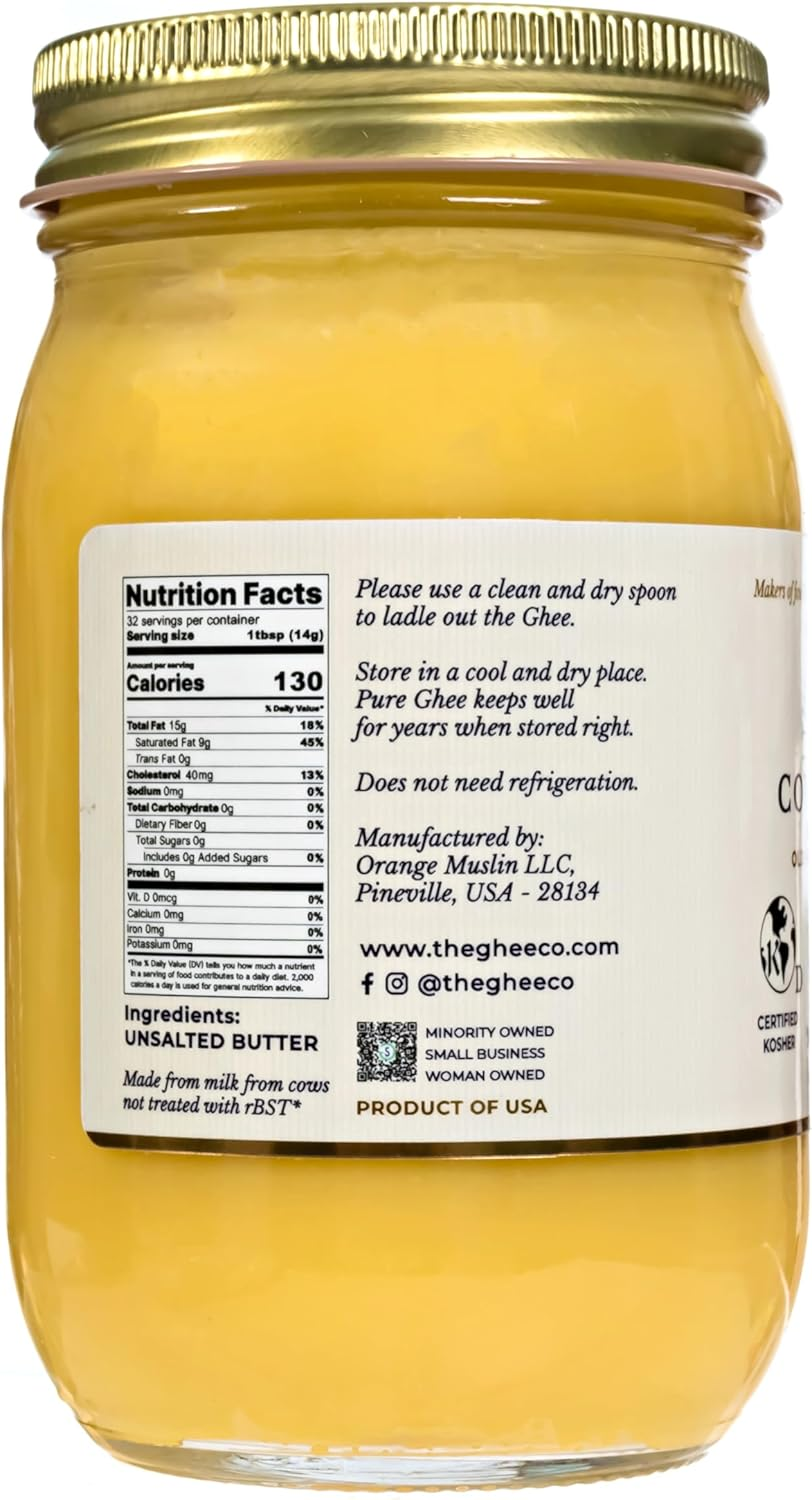 The Ghee Co., Grass Fed Ghee, 16 Fl Oz, Made with Grade AA Butter, Lactose and Casein Free, Paleo and Keto Friendly, Glass Jar