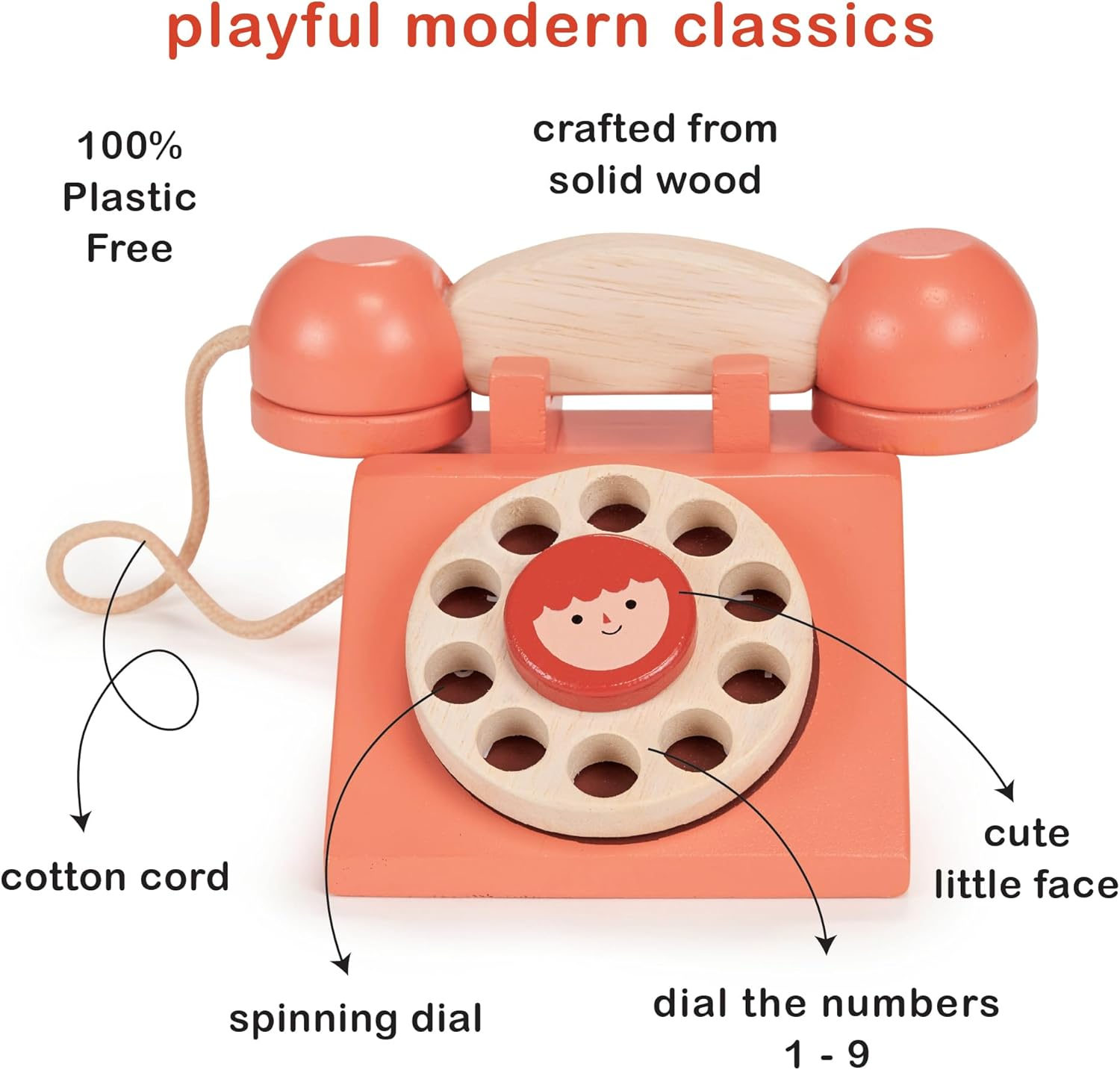 Mentari Ring Telephone Classic Wooden Toy with Removable Receiver and Finger Dial image number 2
