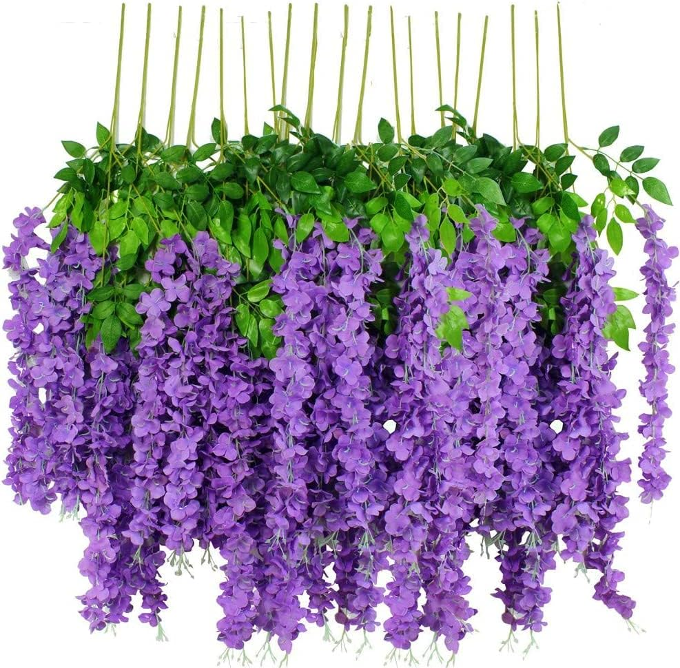 12Pcs Artificial Wisteria Flowers Purple 3.6 Feet/Piece Dense Artificial Wisteria Vine Ratta Hanging Garland Silk Flowers String Home Party Wedding Decor