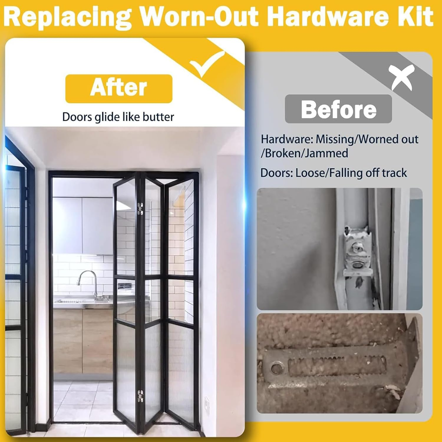 Bifold Door Track Hardware, Bifold Door Replacement Hardware for Closet Door, Sliding Door Parts Includes Top and Bottom Bracket, Guides Wheel for Wood image number 2