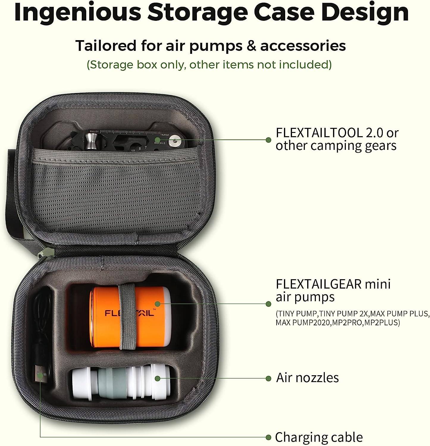 FLEXTAILGEAR Portable Air Pump Case, Rigid Polypropylene Material，Compatible with TYX/TY2X/MP2PRO/MP2PLUS, Storage Holder for Nozzle and Charging Cable (Case Only) image number 5