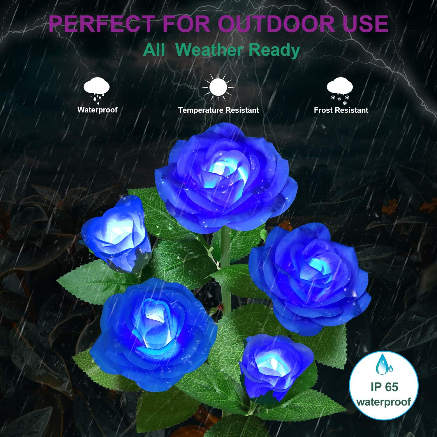 YWYWLED Solar Flower Lights Outdoor - Upgraded New Material Two Modes Realistic LED Solar Powered Waterproof Lights with 5 Roses, Solar Decorative Stake Lights for Garden (Blue, 2 Pack) image number 5