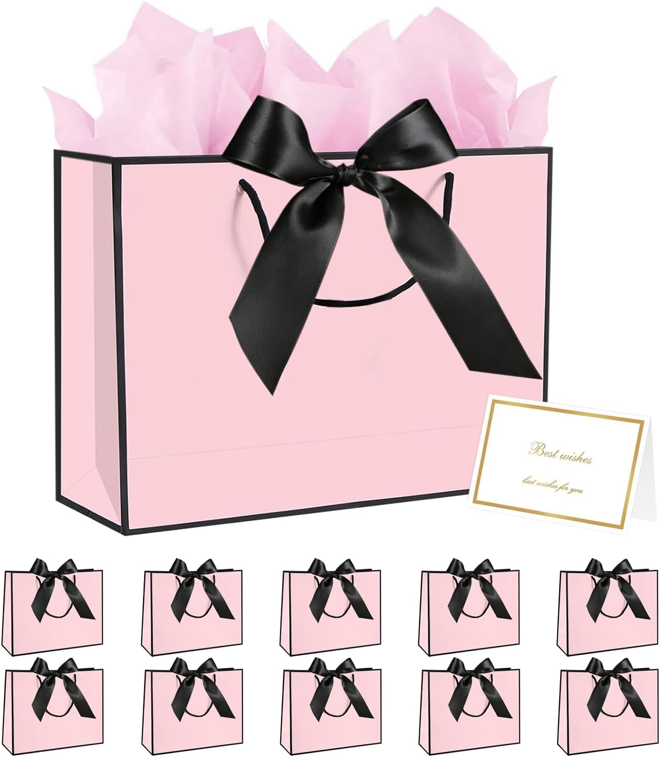 10 Pack Pink Black Bow Gift Bags with Handles, 32 X 25 X 11CM Large, Contains 20 Sheets Tissue Papers & 10 Greeting Cards for Wedding, Birthday, Valentine'S Day, Paper Bags image number 6